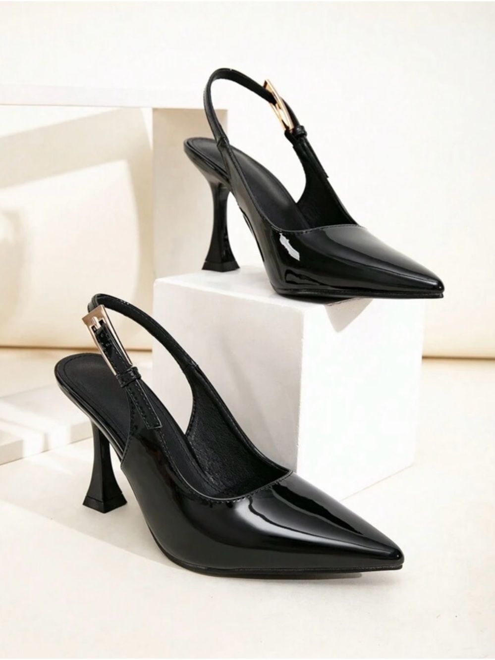 SHEIN Black Patent Pointed Slingback Heels with Gold Buckle